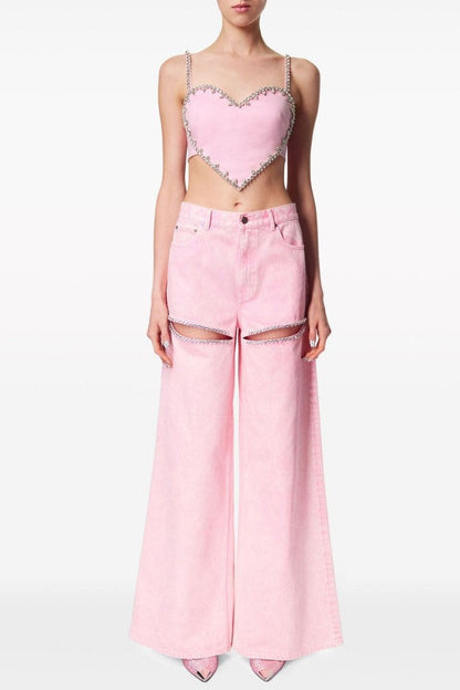 Maeia Rhinestone Cutout Jeans - Pink