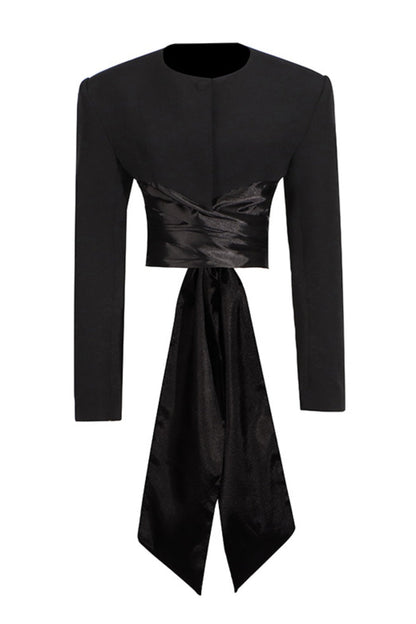 Maelie Bow Detail Satin Crop Blazer  - Black