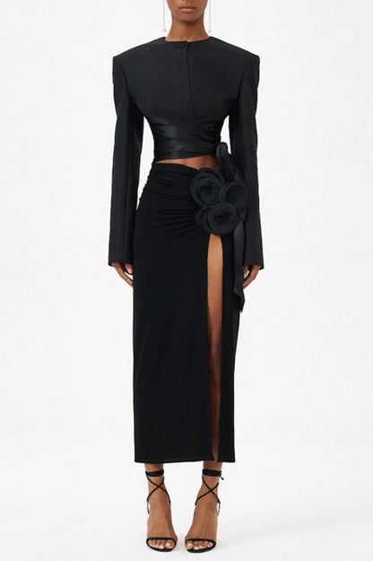 Maelie Bow Detail Satin Crop Blazer  - Black