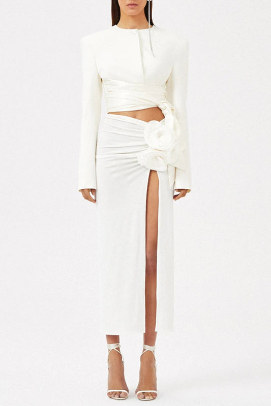Maelie Bow Detail Satin Crop Blazer  - White