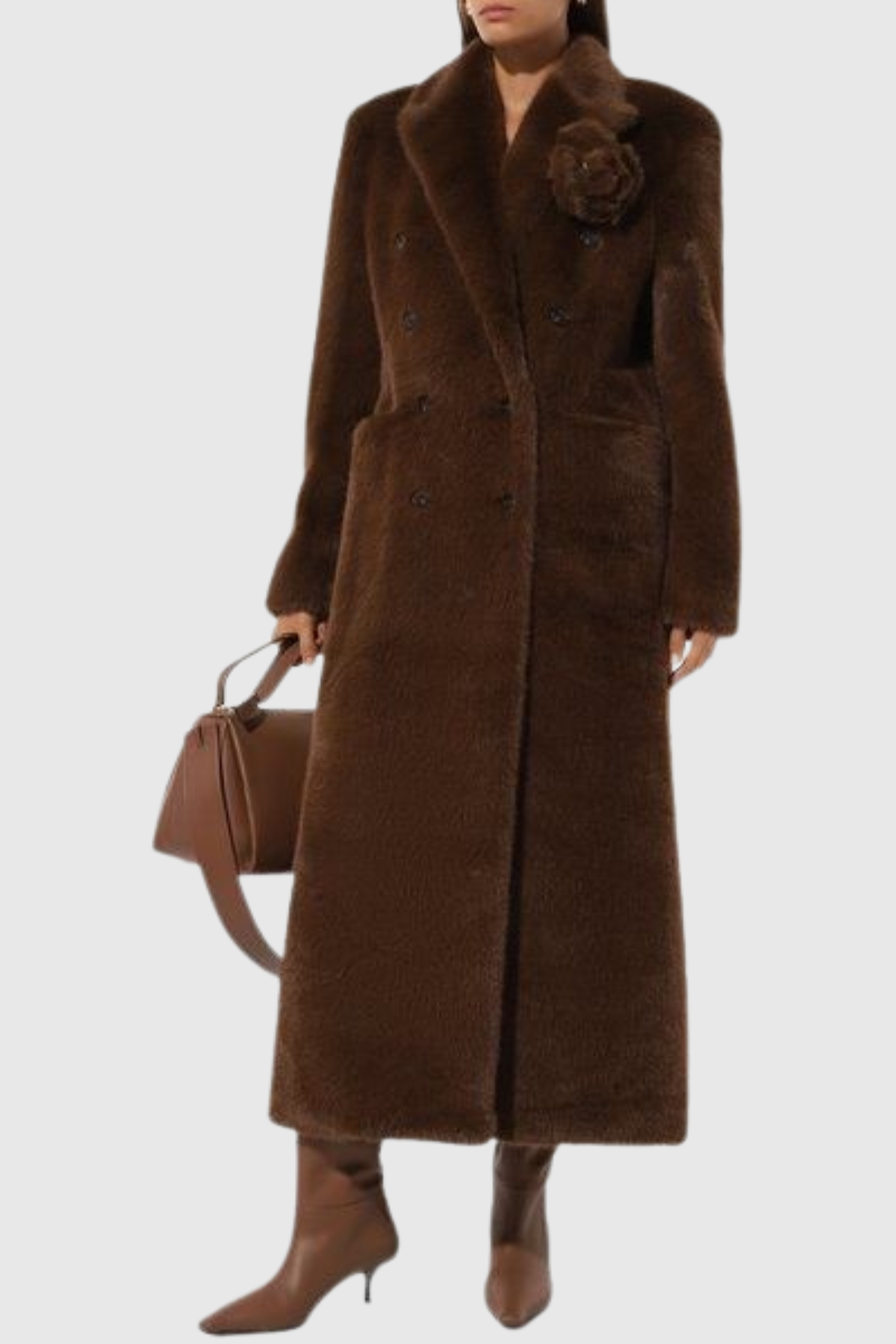 Makari Faux Fur Floral Brooch Coat