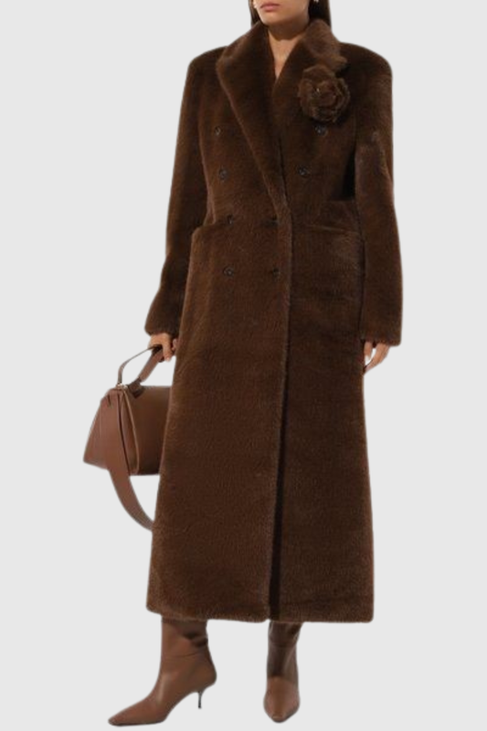 Makari Faux Fur Floral Brooch Coat