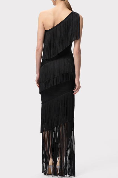 Malik One Shoulder Fringe Maxi Bandage Dress
