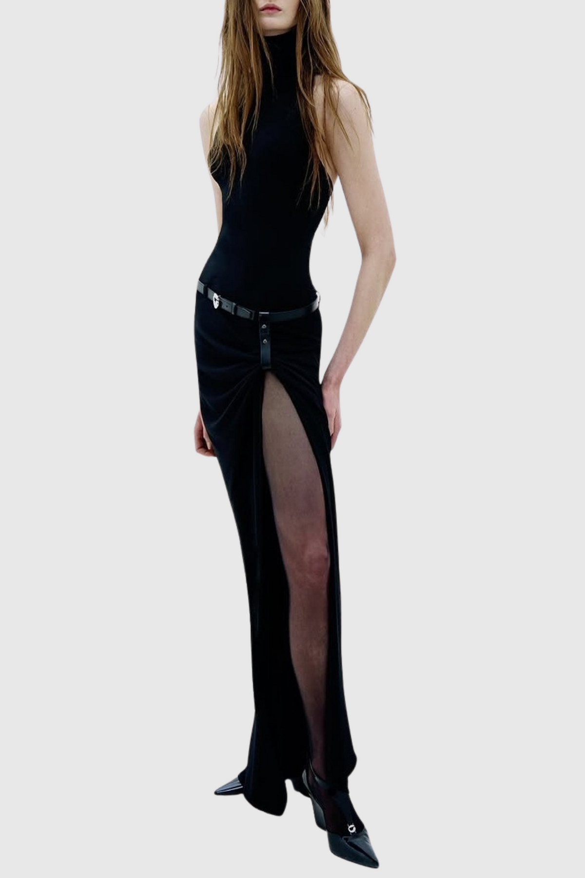 Masha Halter Ruched Belted Split Maxi Dress