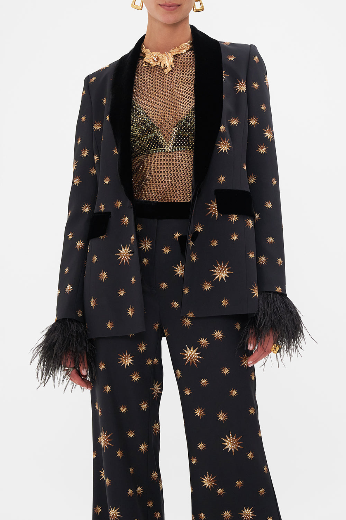 Merita Star Embroidered Feather Blazer & Pants Set