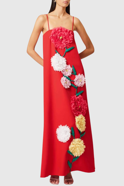 Mesa Strapless Floral Embroidered Maxi Dress - Red