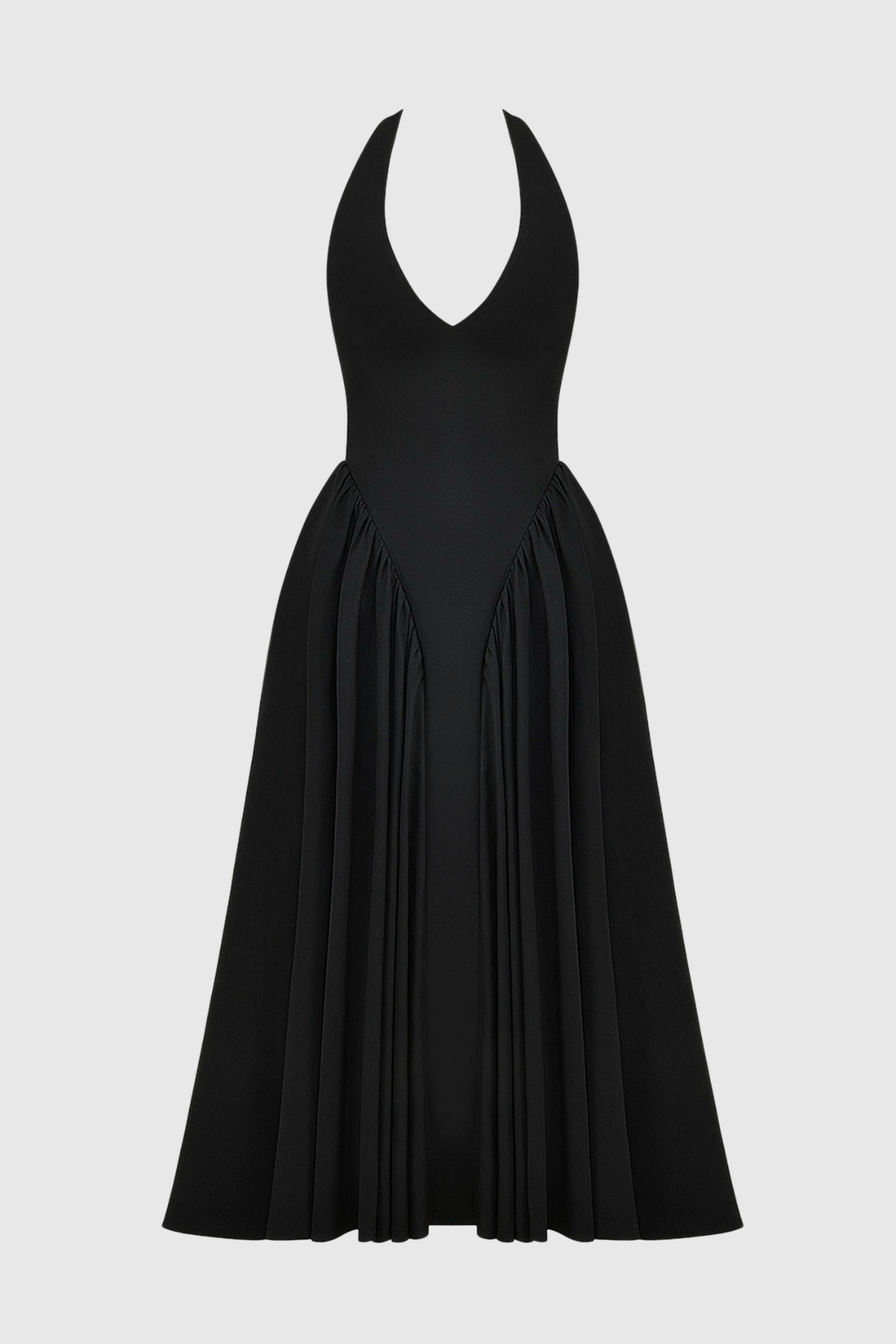 Ebrill Halter V-neck Ruched Midi Dress - Black