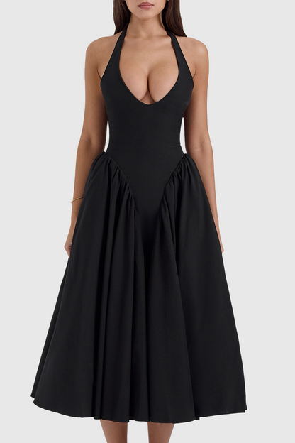 Ebrill Halter V-neck Ruched Midi Dress - Black