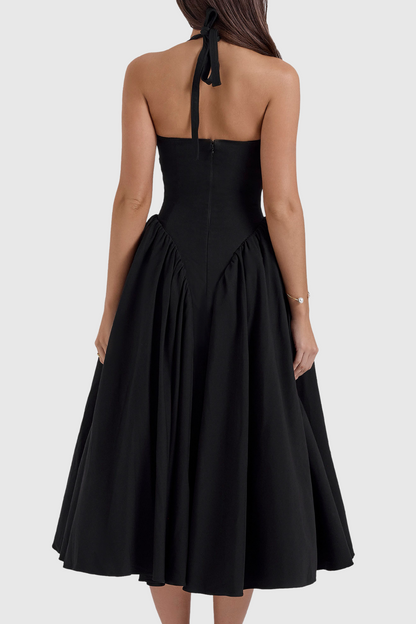 Ebrill Halter V-neck Ruched Midi Dress - Black