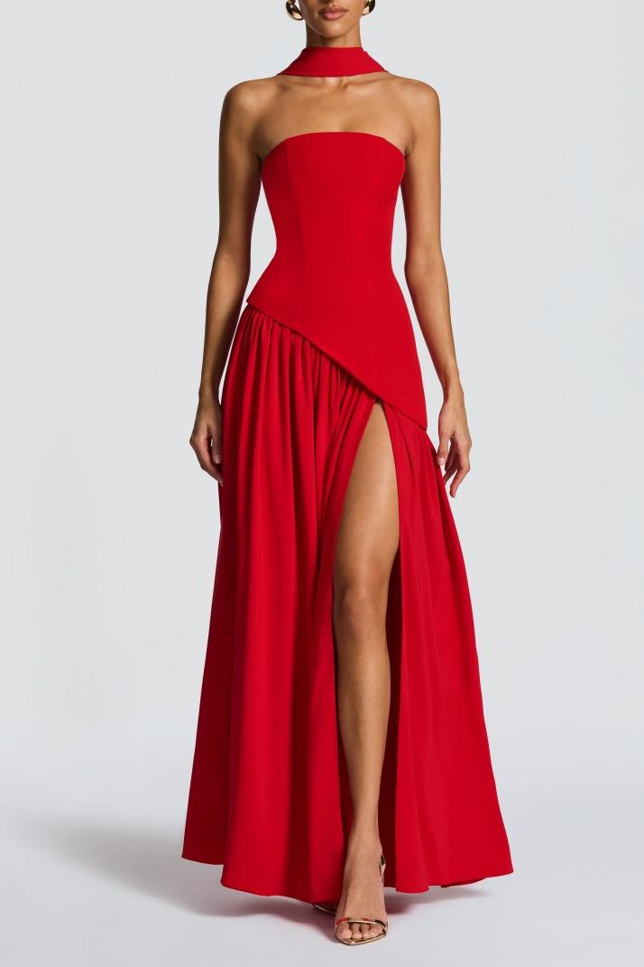 Miloni Strapless Split Maxi Dress - Red