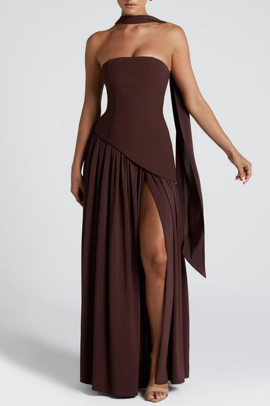 Miloni Strapless Split Maxi Dress - Brown