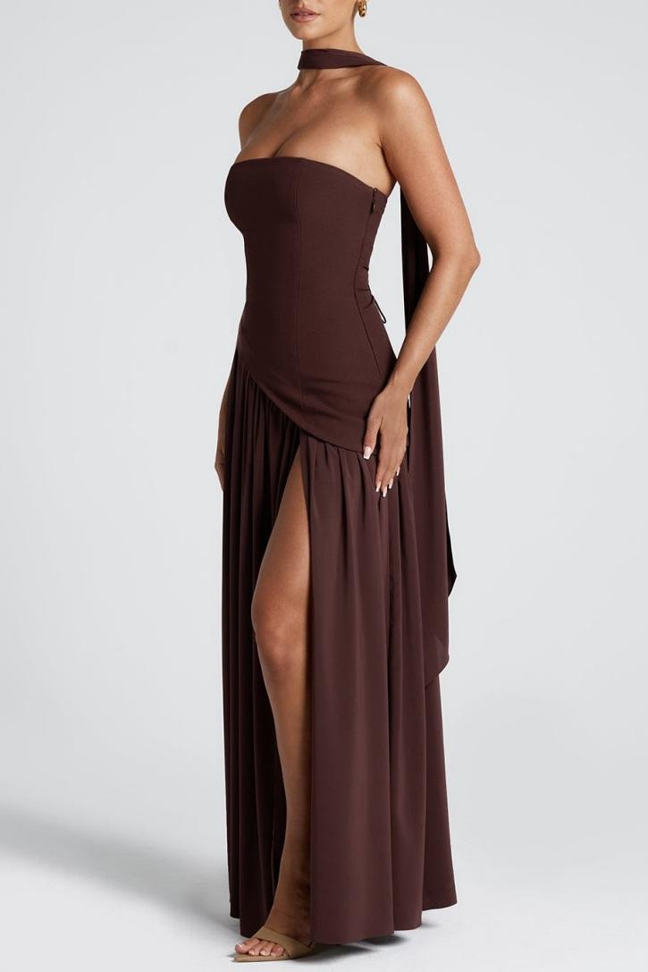 Miloni Strapless Split Maxi Dress - Brown