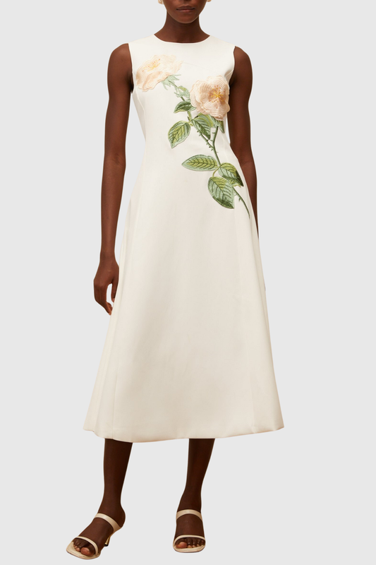 Mimoza Floral Appliqué Sleeveless Midi Dress - White