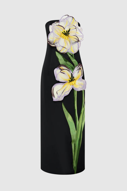 Mimoza Floral Appliqué Strapless Midi Dress - Black