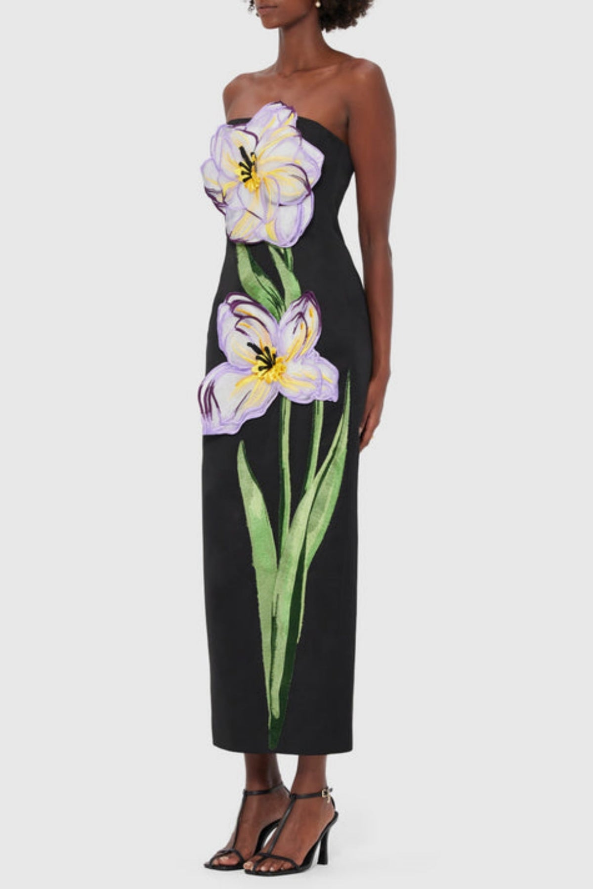 Mimoza Floral Appliqué Strapless Midi Dress - Black