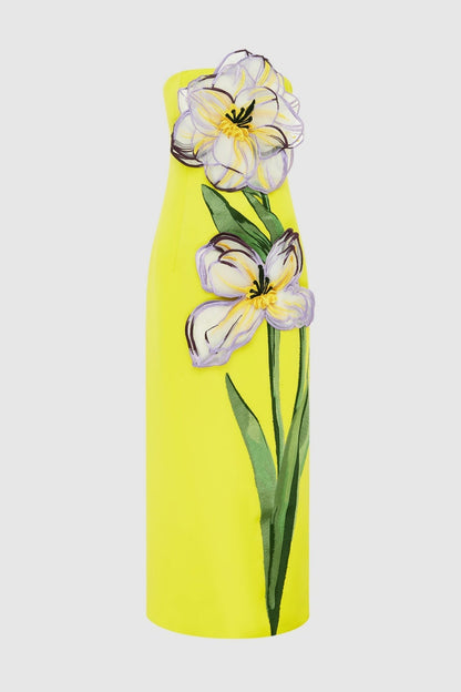 Mimoza Floral Appliqué Strapless Midi Dress - Yellow