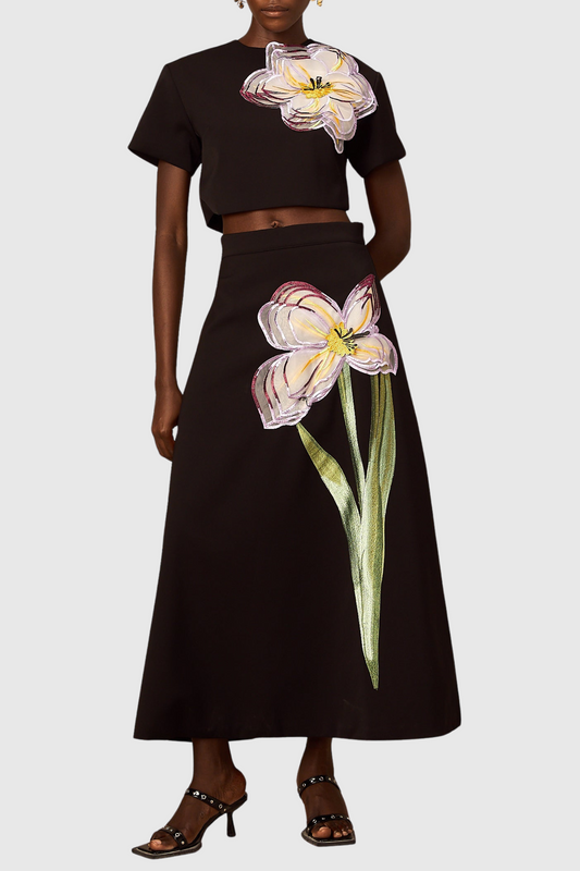 Mimoza Floral Appliqué Two Piece Set - Black