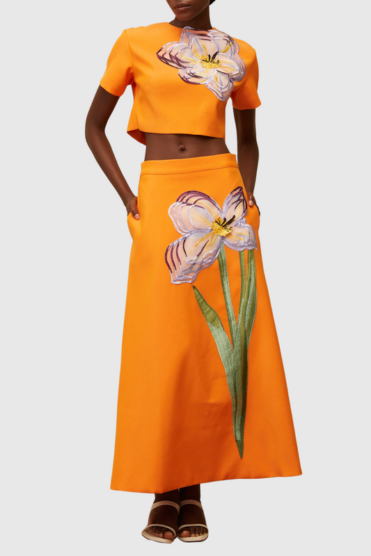 Mimoza Floral Appliqué Two Piece Set - Orange