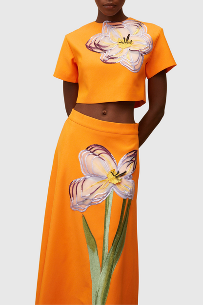 Mimoza Floral Appliqué Two Piece Set - Orange