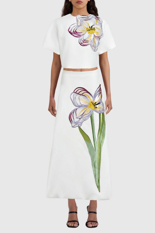 Mimoza Floral Appliqué Two Piece Set - White
