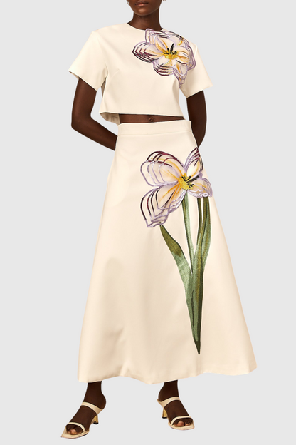 Mimoza Floral Appliqué Two Piece Set - White