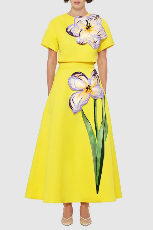 Mimoza Floral Appliqué Two Piece Set - Yellow