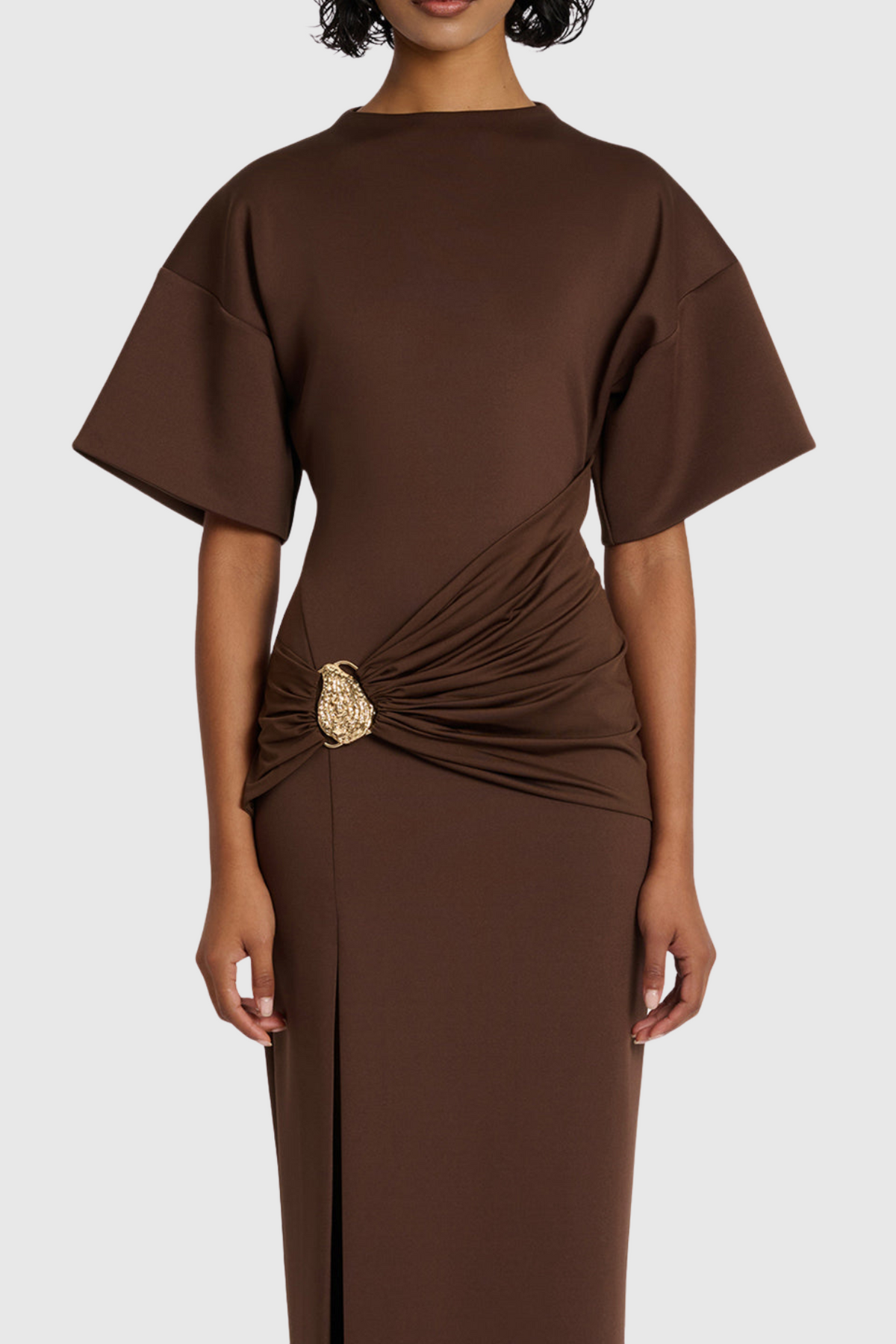 Natalja Draped Embellished Mini Dress - Brown