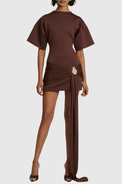 Natalja Draped Embellished Mini Dress - Brown