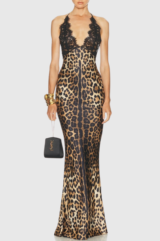 Natsu Halter Lace Leopard Maxi Dress