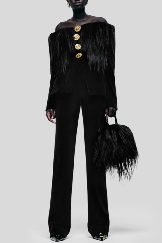 Niama Off Shoulder Feather Blazer