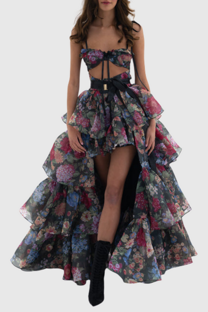 Nicola Floral Cutout Ruffle Skirt Two Piece Set