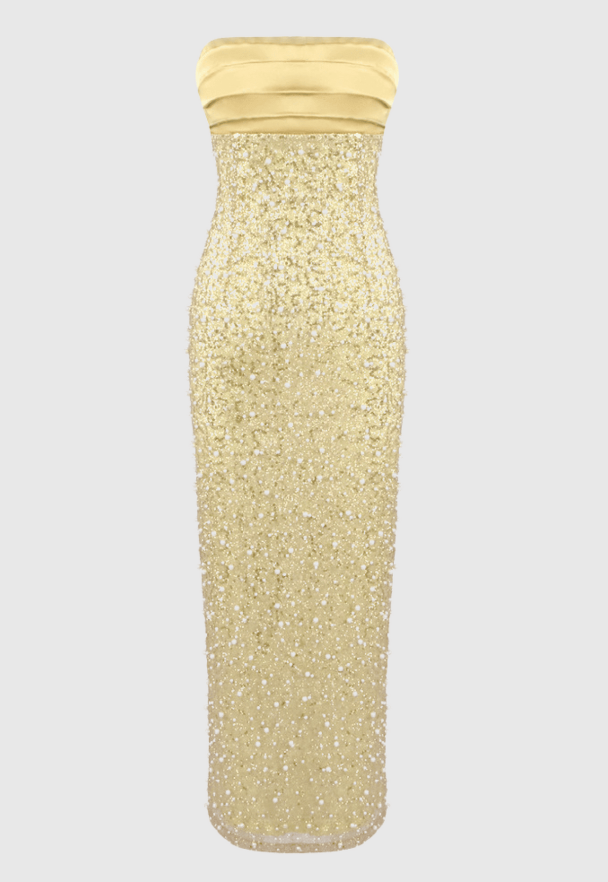Nilsson Gold Satin Strapless Sequin Pearl Embellished Maxi Dress