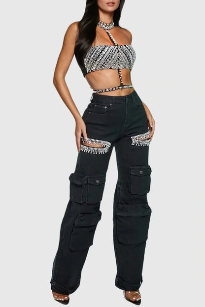 Nimat Rhinestone Cutout Cargo Jeans - Black