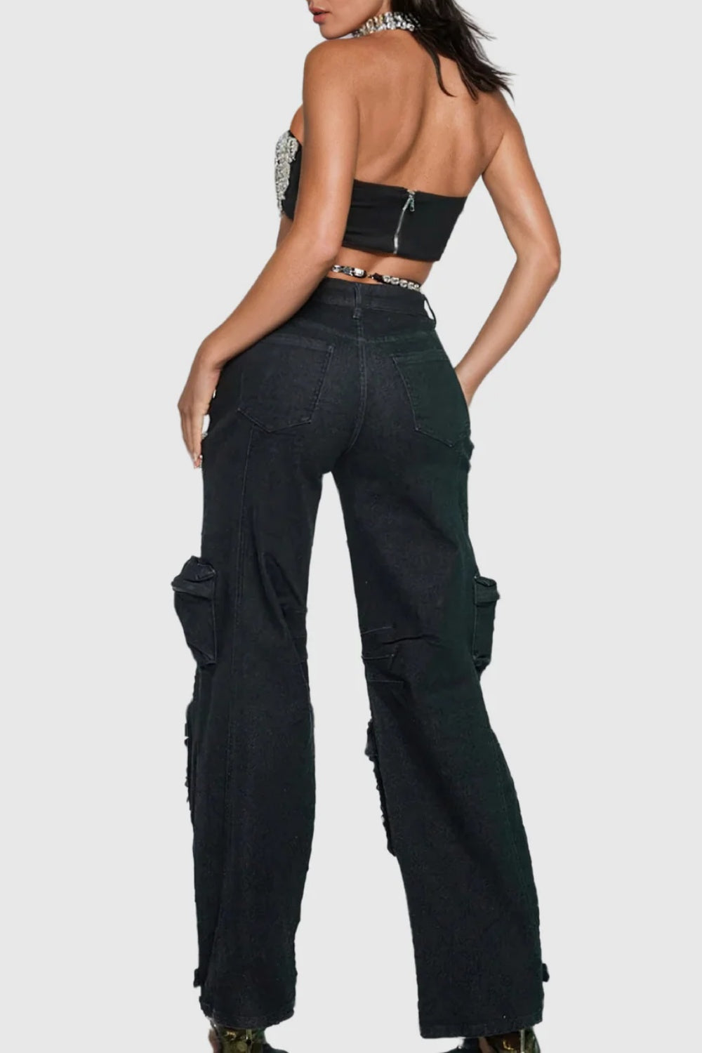 Nimat Rhinestone Cutout Cargo Jeans - Black