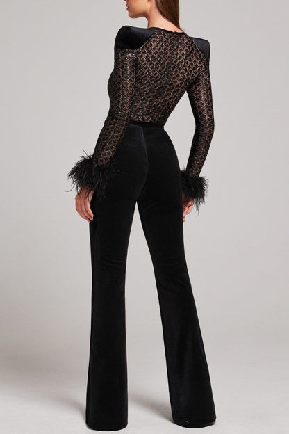 Noelle Sequin Feather Belted Bandage Jumpsuit