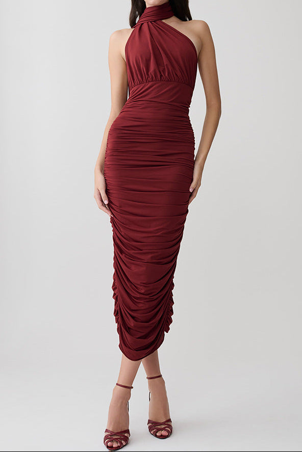 Burgundy Ruched Halter Midi Dress Premium Fabric - product view 1