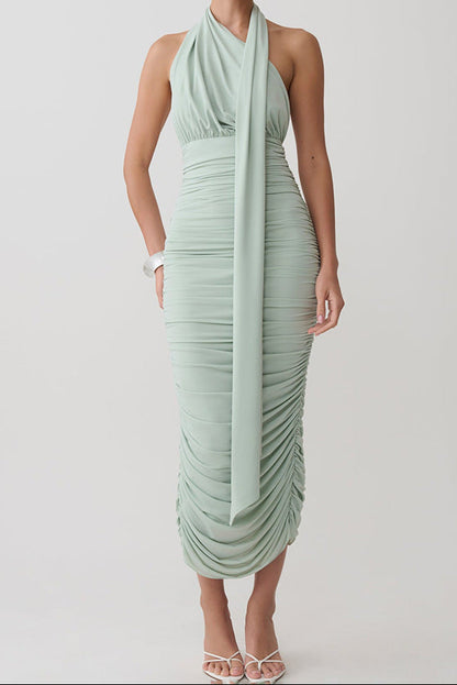 Mint Green Ruched Halter Midi Dress with Open Back Premium Fabric - product view 3