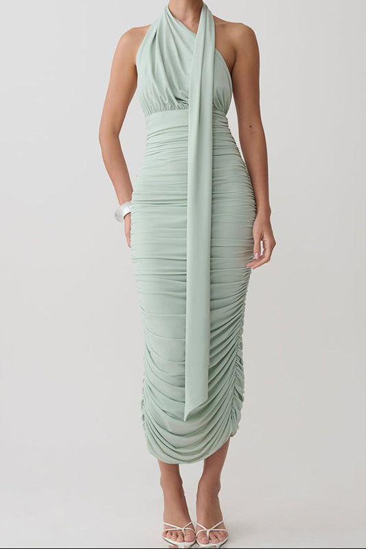 Mint Green Ruched Halter Midi Dress with Open Back Premium Fabric - product view 3