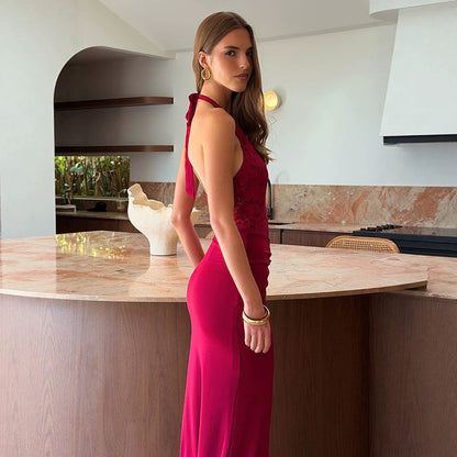 Deep Red Halter Maxi Dress with Lace Bodice Premium Fabric - product view 2