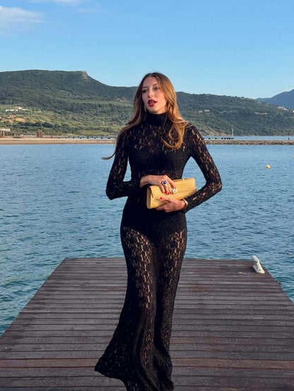Black Lace Long-Sleeve Maxi Dress Premium Fabric - product view 3