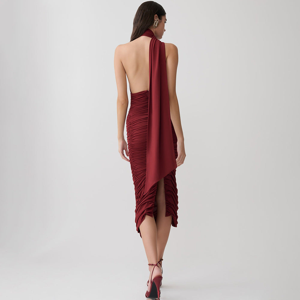 Burgundy Ruched Halter Midi Dress Premium Fabric - product view 3