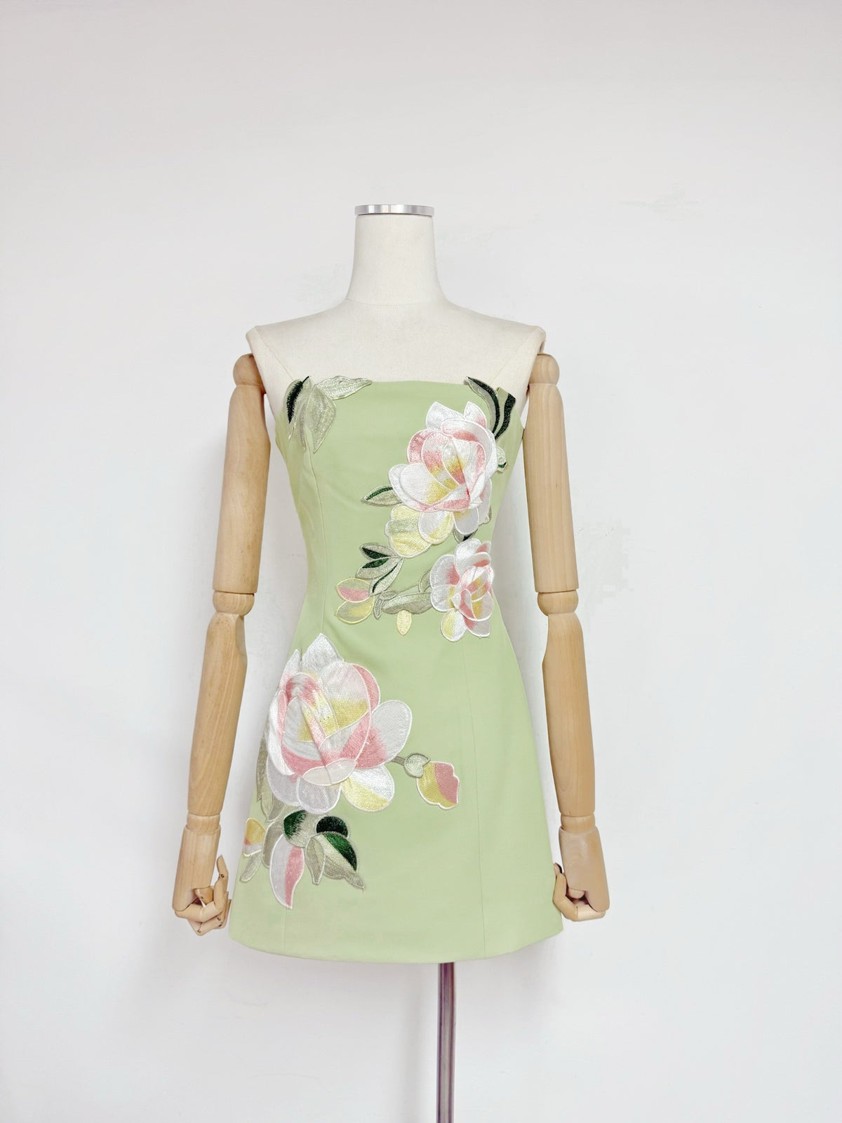 Light Green Structured Woven Crepe A-Line Mini Dress with Floral Embroidery