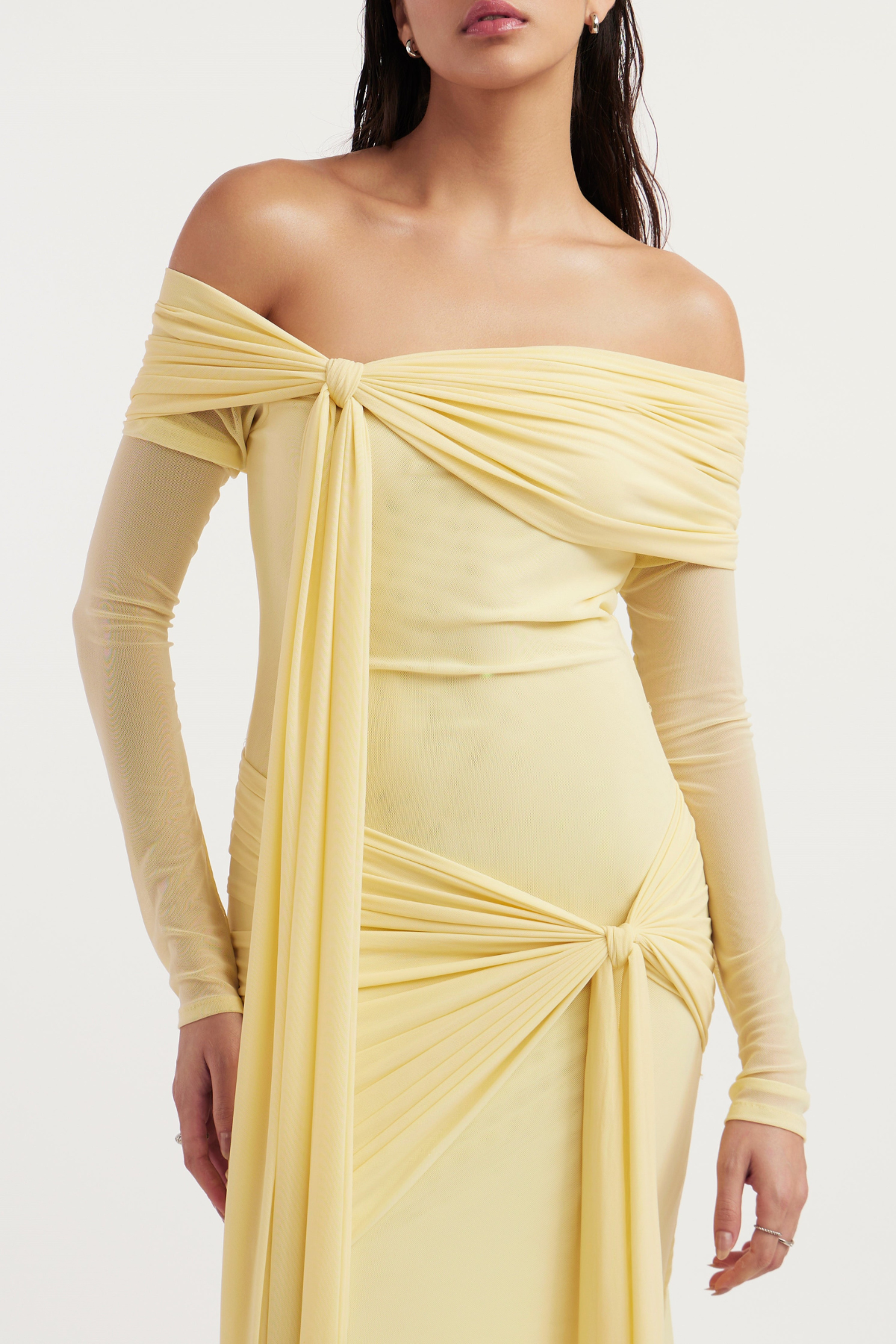Olaya Off Shoulder Ruched Knot Maxi Dress - Yellow