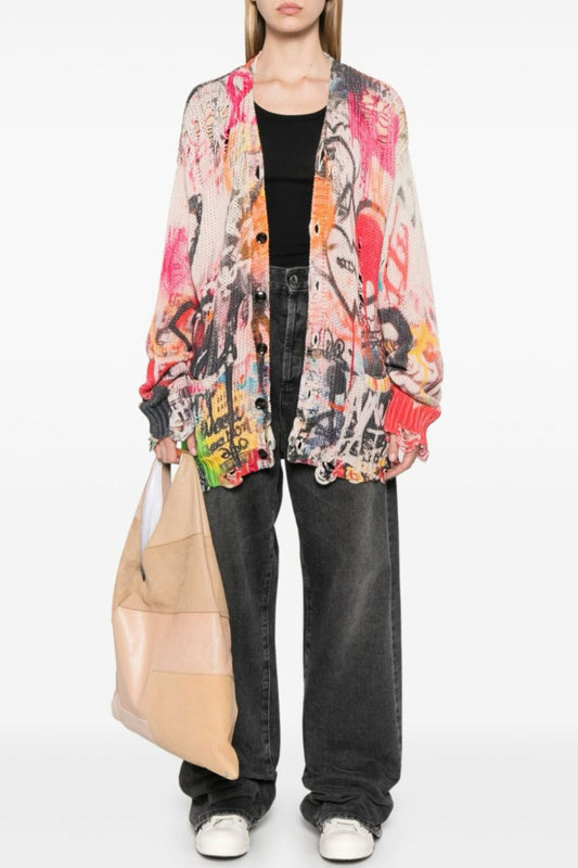 Onida Graffiti Printed Distressed Cardigan