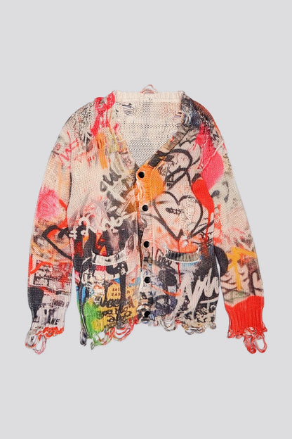 Onida Graffiti Printed Distressed Cardigan