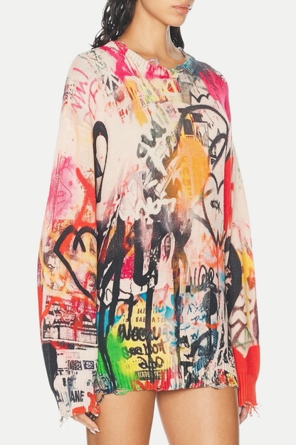 Onida Graffiti Printed Distressed Sweater