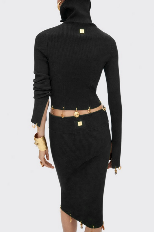 Ortiza Metal Embellished Knit Top & Midi Skirt Set - Black
