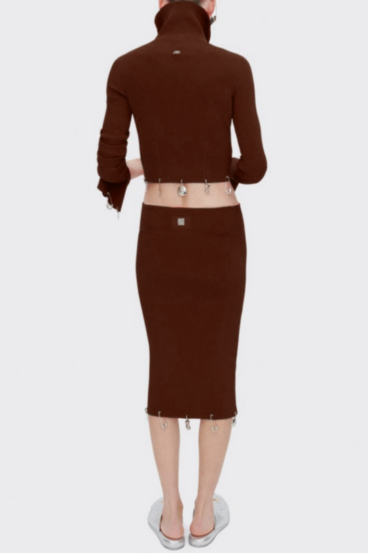 Ortiza Metal Embellished Knit Top & Midi Skirt Set - Brown