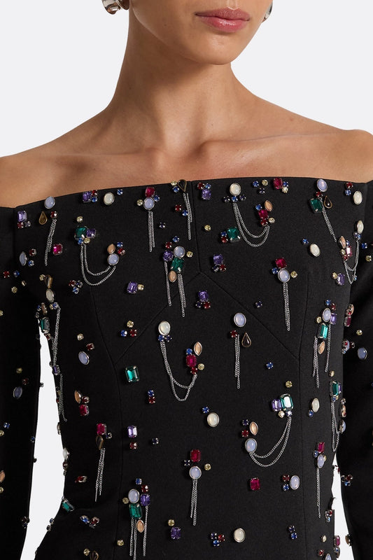 Pamaria Diamante Embroidery Off Shoulder Maxi Dress
