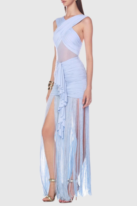 Pamelia Fringe Mesh Ruched Maxi Dress